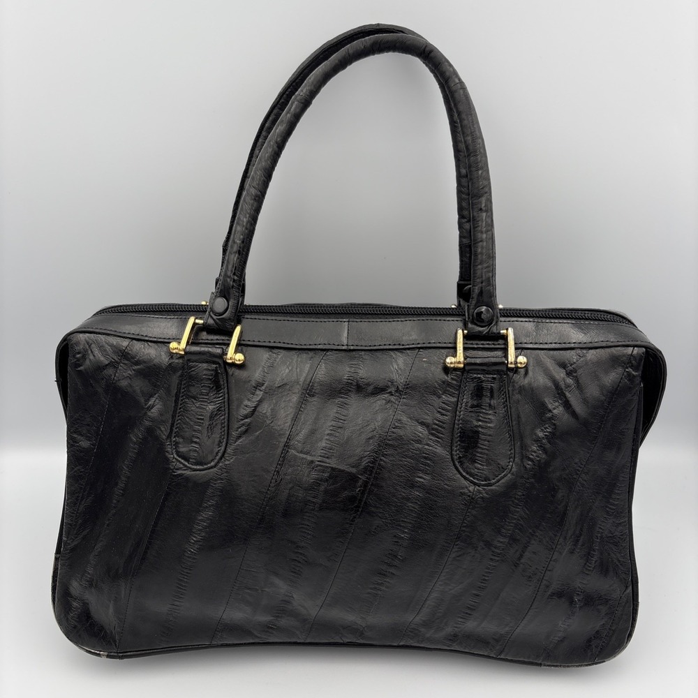 Vintage 1980s Black Patent Eel Skin Purse Handbag Made In Korea GUC